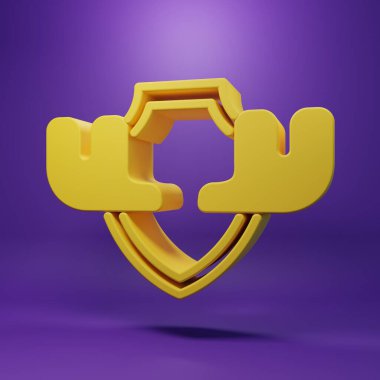 Sarı Geyik boynuzları mor arka planda izole edilmiş kalkan simgesinde. Duvarda av kupası. Minimalizm kavramı. 3 Boyutlu resimleme.