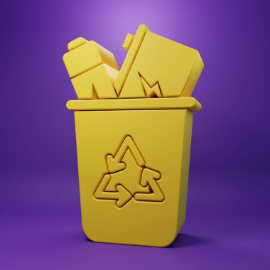 Geri dönüşüm sembolü simgesi mor arkaplanda izole edilmiş sarı geri dönüşüm kutusu. Çöp kutusu simgesi. Çöp kutusu tabelası. Geri dönüşüm sepeti işareti. Minimalizm kavramı. 3 Boyutlu resimleme.