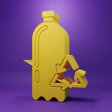 Sarı geri dönüşüm plastik şişe simgesi mor arkaplanda izole edilmiş. Minimalizm kavramı. 3 Boyutlu resimleme.