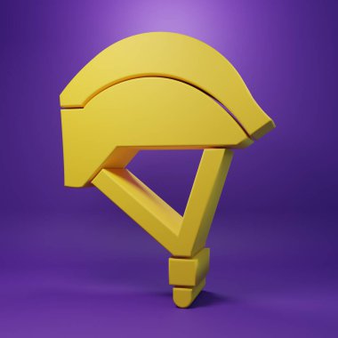 Sarı bisiklet başlığı simgesi mor arkaplanda izole edilmiş. Olağanüstü bir spor. Spor malzemeleri. Minimalizm kavramı. 3 Boyutlu resimleme.