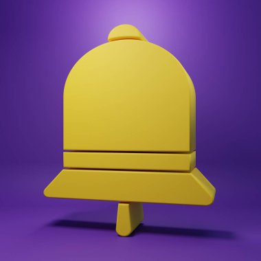Sarı zil simgesi mor arkaplanda izole edildi. Alarm sembolü, servis zili, el zili işareti, uyarı sembolü. Minimalizm kavramı. 3 Boyutlu resimleme.