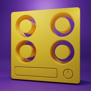 Sarı Gaz soba simgesi mor arkaplanda izole edildi. Mutfak tabelaları. Dört daire ocağı olan bir hob. Minimalizm kavramı. 3 Boyutlu resimleme.