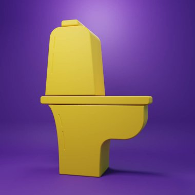Sarı klozet ikonu mor arka planda izole edilmiş. Minimalizm kavramı. 3 Boyutlu resimleme.