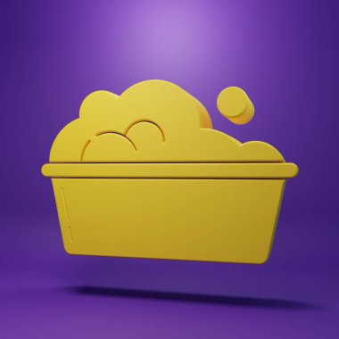 Sarı plastik leğen pembe zemin üzerinde sabun köpüğü simgesi izole edilmiş. Sulu kase. Çamaşır yıkama, temizlik malzemeleri. Minimalizm kavramı. 3 Boyutlu resimleme.