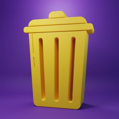 Sarı Çöp Kutusu simgesi mor arkaplanda izole edildi. Çöp kutusu tabelası. Sepet simgesini geri dönüştür. Ofis çöpü ikonu. Minimalizm kavramı. 3 Boyutlu resimleme.