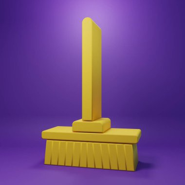 Sarı Paspas simgesi mor arkaplanda izole edildi. Temizlik hizmeti konsepti. Minimalizm kavramı. 3 Boyutlu resimleme.