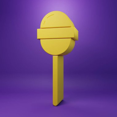 Sarı lolipop simgesi mor arkaplanda izole edilmiş. Yemek, lezzetli bir sembol. Minimalizm kavramı. 3 Boyutlu resimleme.