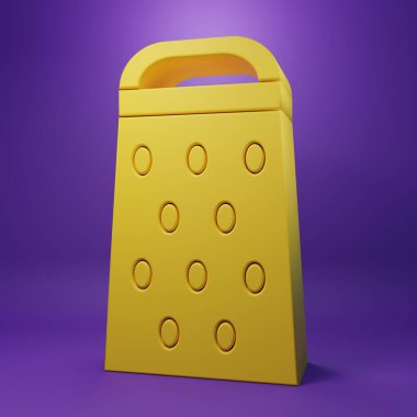 Sarı Grater simgesi mor arkaplanda izole edildi. Mutfak sembolü. Mutfak aletleri. Çatal bıçak seti. Minimalizm kavramı. 3 Boyutlu resimleme.