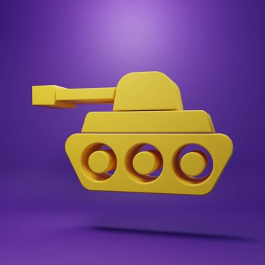 Sarı askeri tank ikonu, mor arka planda izole edilmiş. Minimalizm kavramı. 3 Boyutlu resimleme.