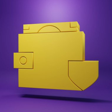 Sarı Cüzdan ve mor arka planda izole edilmiş kalkan simgesi olan para. Sigorta konsepti. Güvenlik, güvenlik, koruma, konsept koruma. Minimalizm kavramı. 3 Boyutlu resimleme.