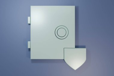 Mor-mavi arka planda izole edilmiş kalkan simgesi olan gri kasa. Sigorta konsepti. Güvenlik, güvenlik, koruma, konsept koruma. Minimalizm kavramı. 3 Boyutlu resimleme.