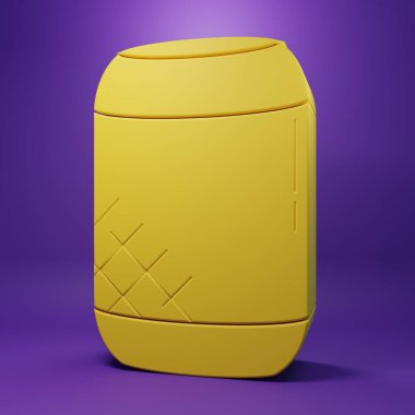 Sarı Ses yardımcı simgesi mor arkaplanda izole edildi. Ses kontrol arayüzü akıllı hoparlör. Minimalizm kavramı. 3 Boyutlu resimleme.