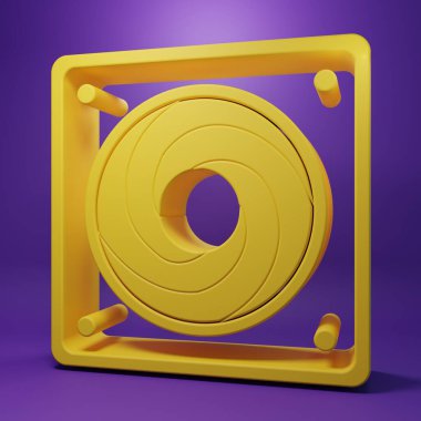 Sarı Bilgisayar soğutucu simgesi mor arkaplanda izole edildi. Bilgisayar donanım pervanesi. Minimalizm kavramı. 3 Boyutlu resimleme.