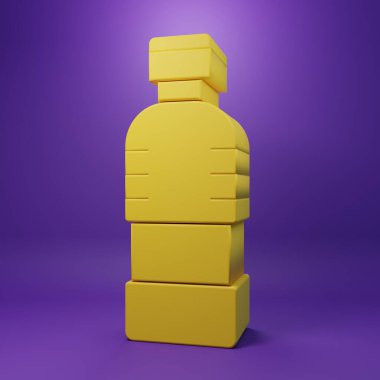 Sarı şişe su ikonu mor arkaplanda izole edilmiş. Soda su içme tabelası. Minimalizm kavramı. 3 Boyutlu resimleme.