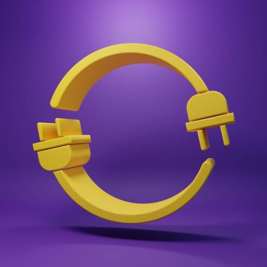 Sarı Elektrik prizi simgesi mor arkaplanda izole edildi. Bağlantı kavramı ve elektriğin kesilmesi. Minimalizm kavramı. 3 Boyutlu resimleme.