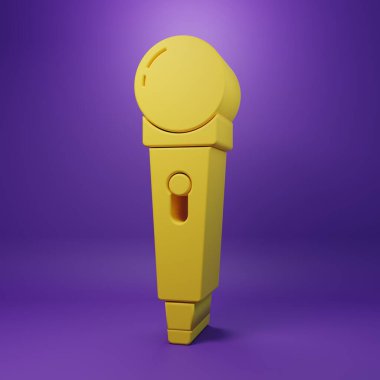 Sarı mikrofon simgesi mor arkaplanda izole edildi. Radyodaki mikrofondan. Sözcü işareti. Minimalizm kavramı. 3 Boyutlu resimleme.