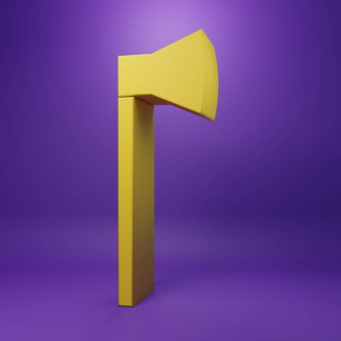 Sarı tahta balta simgesi mor arkaplanda izole edilmiş. Oduncu baltası. Minimalizm kavramı. 3 Boyutlu resimleme.