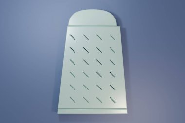 Gri Grater simgesi mor-mavi arkaplanda izole edilmiş. Mutfak sembolü. Mutfak aletleri. Çatal bıçak seti. Minimalizm kavramı. 3 Boyutlu resimleme.