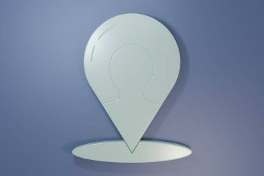 Mor-mavi arka planda izole edilmiş bir insan simgesinin silüeti olan gri harita işareti. GPS konum sembolü. Minimalizm kavramı. 3 Boyutlu resimleme.