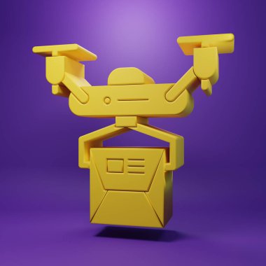 Sarı İHA taşıma konsepti simgesi mor arka planda izole edildi. Quadrocopter bir paket taşıyor. Ulaşım, lojistik konsept. Minimalizm kavramı. 3 Boyutlu resimleme.