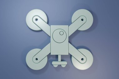 Aksiyon video kamera ikonu ile uçan gri dron mor-mavi arka planda izole edildi. Video ve fotoğraf makinesi sembollü dörtlü helikopter. Minimalizm kavramı. 3 Boyutlu resimleme.