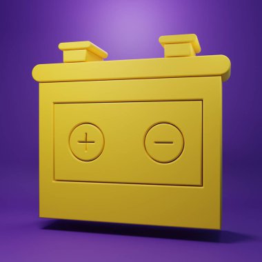 Sarı araba akü ikonu mor arka planda izole edildi. Akümülatör bataryası enerji ve elektrik akümülatörü bataryası. Minimalizm kavramı. 3 Boyutlu resimleme.