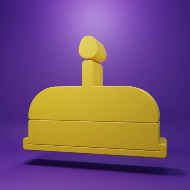 Mor zemin üzerinde yanan mum simgesiyle izole edilmiş sarı pasta. Doğum günün kutlu olsun. Minimalizm kavramı. 3 Boyutlu resimleme.