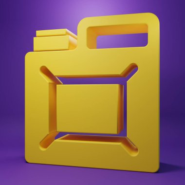 Mor arka planda izole edilmiş benzin ikonu için sarı teneke kutu. Dizel gaz ikonu. Minimalizm kavramı. 3 Boyutlu resimleme.