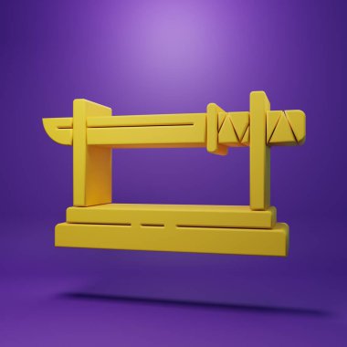 Sarı Geleneksel Japon katanası mor arka planda izole edilmiş ahşap bir simge üzerinde. Japon kılıcı. Minimalizm kavramı. 3 Boyutlu resimleme.