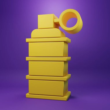 Sarı El bombası ikonu mor arkaplanda izole edilmiş. Bomba patlaması. Minimalizm kavramı. 3 Boyutlu resimleme.