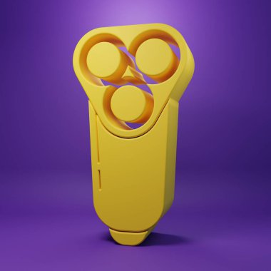 Mor arka planda izole edilmiş erkek simgesi için sarı elektrikli tıraş bıçağı. Elektrikli tıraş makinesi. Minimalizm kavramı. 3 Boyutlu resimleme.