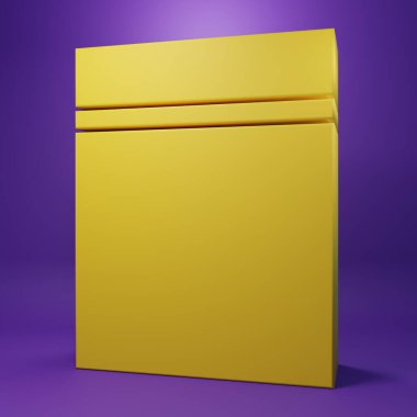 Sarı plastik torba, mor arka planda izole edilmiş fermuar simgesi. Minimalizm kavramı. 3 Boyutlu resimleme.