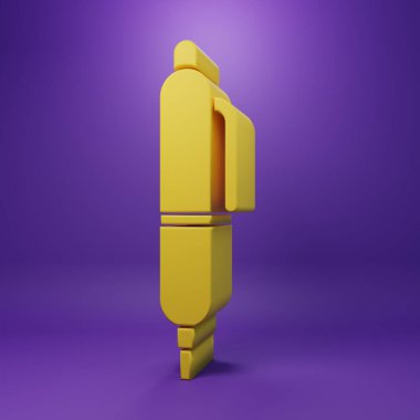 Mor arkaplanda sarı kalem simgesi izole edildi. Minimalizm kavramı. 3 Boyutlu resimleme.