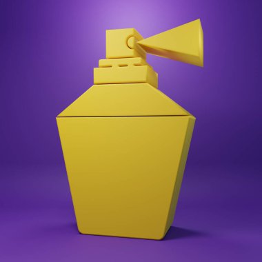 Sarı parfüm ikonu mor arkaplanda izole edilmiş. 8 Mart. Uluslararası Mutlu Kadınlar Günü. Minimalizm kavramı. 3 Boyutlu resimleme.