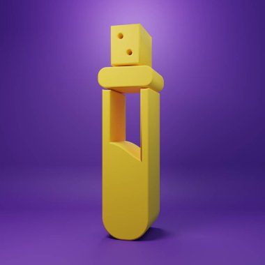 Mor arka planda izole edilmiş aşk iksiri ikonu olan sarı şişe. Sevgililer Günü sembolü. Minimalizm kavramı. 3 Boyutlu resimleme.