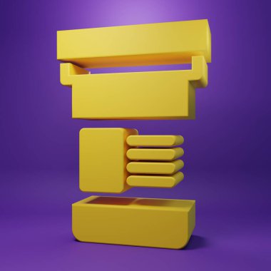 Sarı İlaç Şişesi ikonu mor arka planda izole edilmiş. Şişe hapı işareti. Eczane tasarımı. Minimalizm kavramı. 3 Boyutlu resimleme.