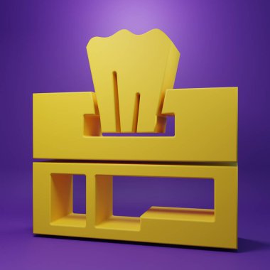 Sarı ıslak mendil simgesi mor arkaplanda izole edildi. Minimalizm kavramı. 3 Boyutlu resimleme.