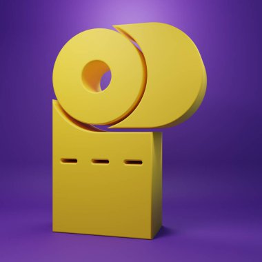 Sarı tuvalet kağıdı rulosu simgesi mor arkaplanda izole edildi. Minimalizm kavramı. 3 Boyutlu resimleme.