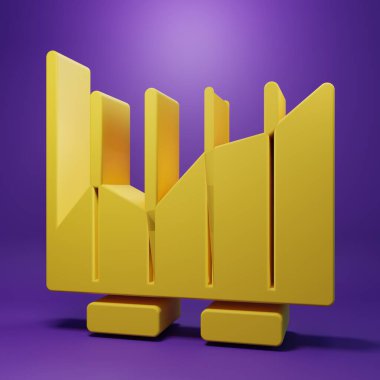 Mor arkaplanda izole edilmiş sarı pasta grafiği bilgi simgesi. Diyagram çizelgesi. Minimalizm kavramı. 3 Boyutlu resimleme.