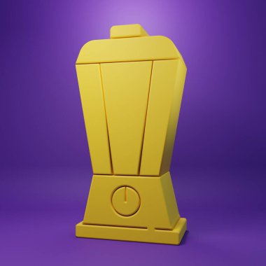 Sarı karıştırıcı simgesi mor arkaplanda izole edildi. Mutfak elektrikli kırıcı ve kase. Meyve suyu, kokteyl ya da meyve suyu. Minimalizm kavramı. 3 Boyutlu resimleme.