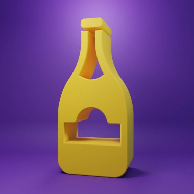Sarı şampanya şişesi ikonu mor arka planda izole edilmiş. Minimalizm kavramı. 3 Boyutlu resimleme.