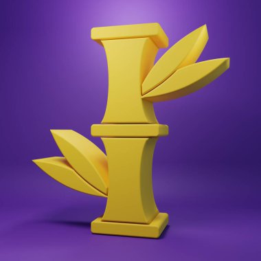 Sarı Bambu simgesi mor arkaplanda izole edilmiş. Minimalizm kavramı. 3 Boyutlu resimleme .