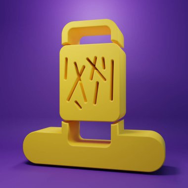 Sarı Kedi, mor arka planda izole edilmiş oyuncak ikonu olan bir tırmalama direği. Minimalizm kavramı. 3 Boyutlu resimleme .