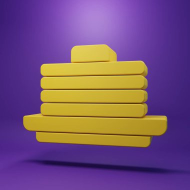 Sarı krep yığını, mor arkaplanda izole edilmiş. Şerbetli ve kirazlı fırın. Kahvaltı konsepti. Minimalizm kavramı. 3 Boyutlu resimleme .