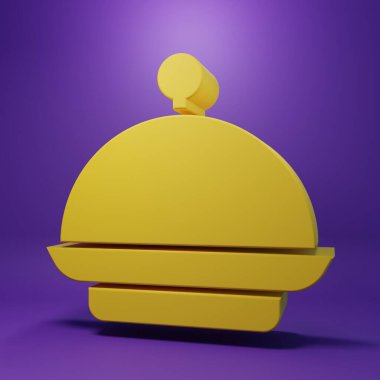 Sarı Noel, mor arka planda izole edilmiş yemek ikonu tepsisiyle kaplıdır. Tepsi ve kapak işareti. Mutlu Noeller ve mutlu yıllar. Minimalizm kavramı. 3 Boyutlu resimleme .