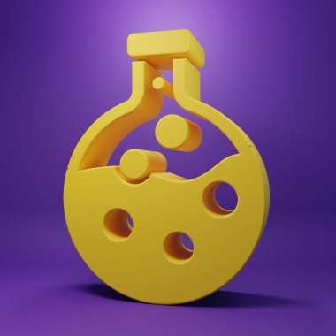 Sarı test tüpü ve mor arka planda izole edilmiş kimyasal test ikonu. Laboratuvar cam levhası. Minimalizm kavramı. 3 Boyutlu resimleme .