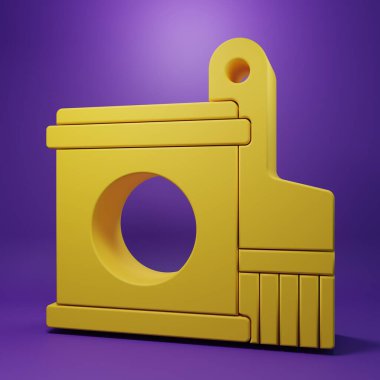 Sarı boya kovası ve fırça ikonu mor arka planda izole edilmiş. Minimalizm kavramı. 3 Boyutlu resimleme .