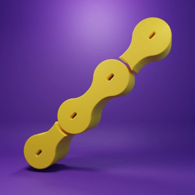 Sarı bisiklet zinciri simgesi mor arkaplanda izole edilmiş. Bisiklet zinciri sıçrama iletimi. Minimalizm kavramı. 3 Boyutlu resimleme .