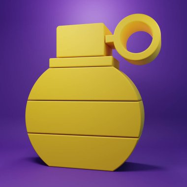 Sarı El bombası ikonu mor arkaplanda izole edilmiş. Bomba patlaması. Minimalizm kavramı. 3 Boyutlu resimleme .