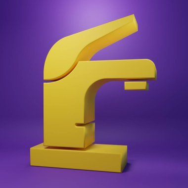 Sarı musluk ikonu mor arkaplanda izole edilmiş. Minimalizm kavramı. 3 Boyutlu resimleme .